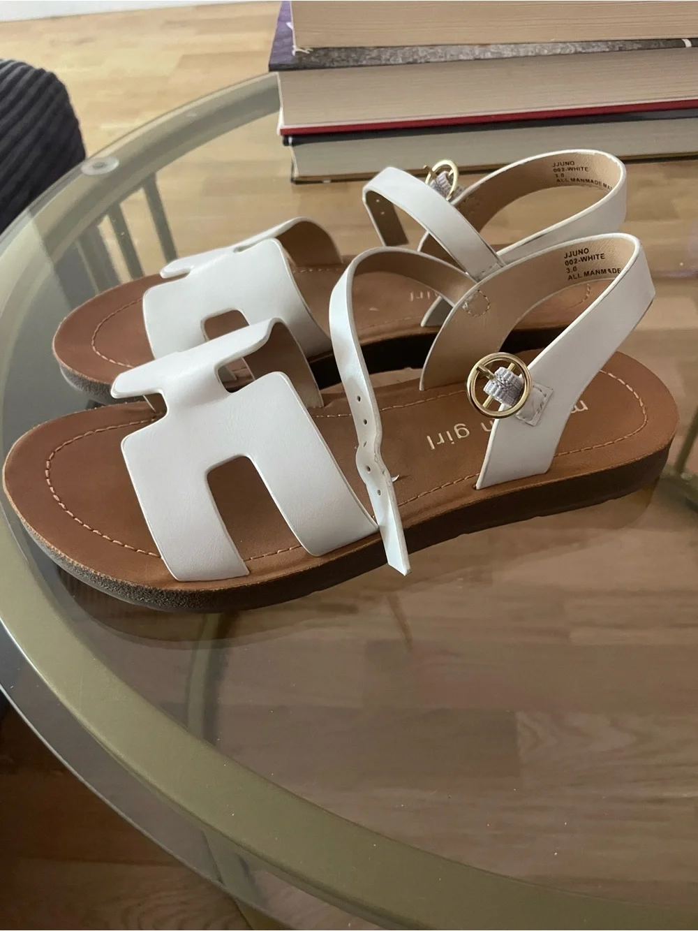 Madden Girl White Cutout Strap Sandals with Gold Buckle